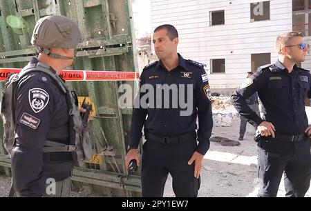 Sderot, Israel. 02nd May, 2023. Israeli Security forces and emergency personnel inspect the damaged in a house in the southern city of Sderot, Israeli on Tuesday May 2, 2023. Israeli has hit the eastern Gaza strip, followed by dozens Palestinian missiles fired from Gaza towards Israel after the announcement of the death of the Palestinian Khader Adnan in Israeli Prison, according to both sides officials. Photo by Israeli Police/UPI Credit: UPI/Alamy Live News Stock Photo