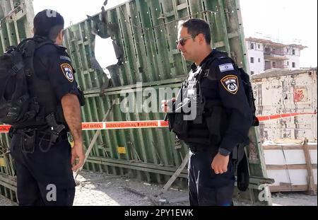 Sderot, Israel. 02nd May, 2023. Israeli Security forces and emergency personnel inspect the damaged in a house in the southern city of Sderot, Israeli on Tuesday May 2, 2023. Israeli has hit the eastern Gaza strip, followed by dozens Palestinian missiles fired from Gaza towards Israel after the announcement of the death of the Palestinian Khader Adnan in Israeli Prison, according to both sides officials. Photo by Israeli Police/UPI Credit: UPI/Alamy Live News Stock Photo