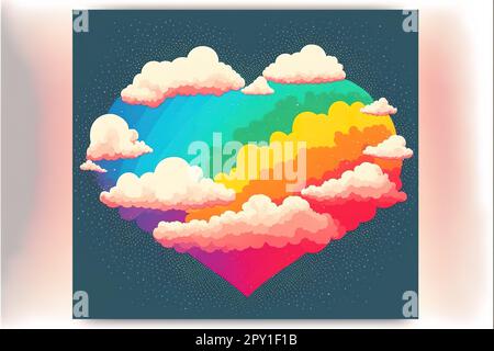 Rainbow heart cloud. Love cloud in the sky. LGBT love background. Queer rainbow heart poster. Stock Photo