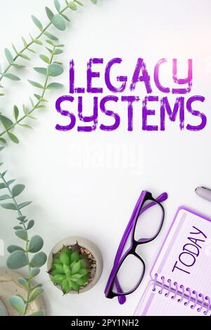 Sign displaying Legacy Systems, Word Written on old method technology computer system or application program Stock Photo