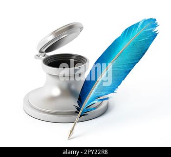 Ink bottle and quill isolated on white background. 3D illustration. Stock Photo