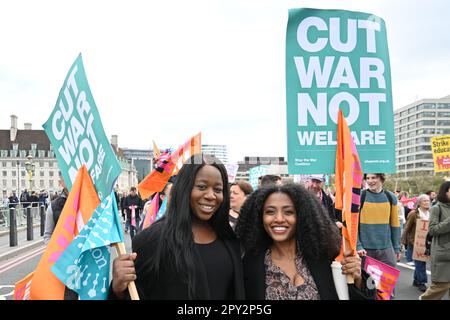 Westminster, London, UK. 2nd May, 2023. Teacher's strikes, Members of the National Education Union march in London calling on the government for a fully funded pay rise for teachers assembly at London Eye march around Westminster and rally in Whitehall. Credit: See Li/Picture Capital/Alamy Live News Stock Photo