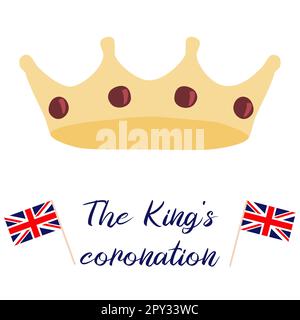 Poster for King Charles III coronation with British flags and crown, greeting card for celebrate a coronation of Prince Charles of Wales becomes King of England, vector illustration Stock Vector