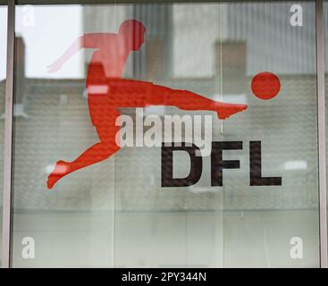 02 May 2023, Hesse, Frankfurt/Main: The logo of the Deutsche Fußball ...