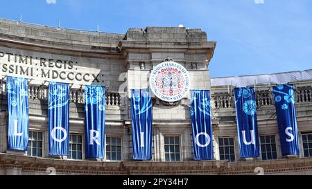 Banners and signs on the Admiralty Arch to celebrate the coronation of the King Charles III on the 6th of May Stock Photo