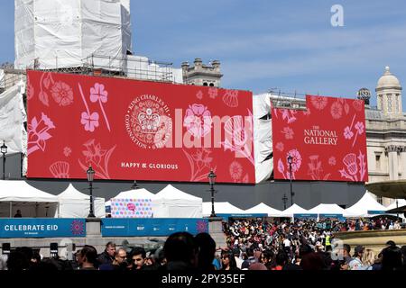 A giant banner on the National Gallery to celebrate the coronation of the King Charles III on the 6th of May Stock Photo