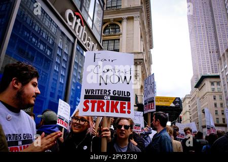 New York, USA. 02nd May, 2023. May 2nd 2023, New York, NY: Writers Guild of America East protest outside of Peacock Newfront for better pay Credit: Katie Godowski/MediaPunch Credit: MediaPunch Inc/Alamy Live News Stock Photo