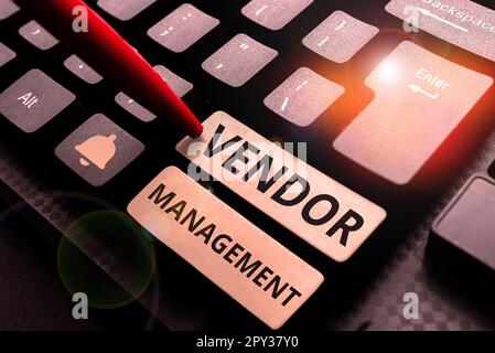 Handwriting text Vendor Management, Internet Concept activities included in researching and sourcing vendors Stock Photo