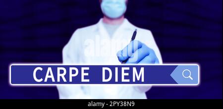 Sign displaying Carpe Diem, Word for public festival which people play music and dance Stock Photo