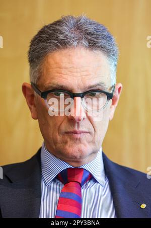 Leipzig, Germany. 28th Apr, 2023. Oliver Zille, director of the Leipzig Book Fair, sits in a press conference for the Climate Book Fair. Credit: Jan Woitas/dpa/Alamy Live News Stock Photo