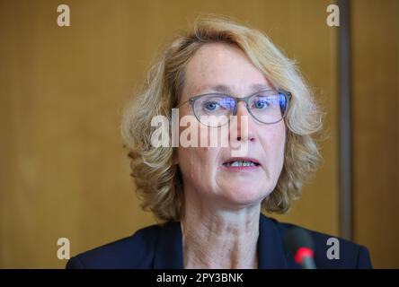 Leipzig, Germany. 28th Apr, 2023. Author Kathrin Böhning-Gaese sits in a press conference for the climate book fair. Credit: Jan Woitas/dpa/Alamy Live News Stock Photo
