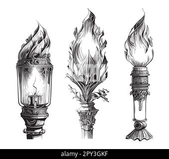 Set of torches sketch hand drawn in doodle style illustration Stock Vector