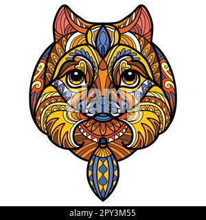 Pomeranian head dog color tangle doodle vector illustration Stock Vector