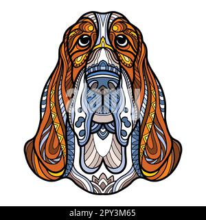 Basset hound head dog color tangle doodle vector illustration Stock Vector