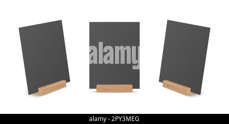 Vector 3d Realistic Black A4 Empty Blank Paper Sheet, Card on Wooden Holder, Stand Icon Set Closeup Isolated. Design Template for Mockup, Menu Frame, Stock Photo