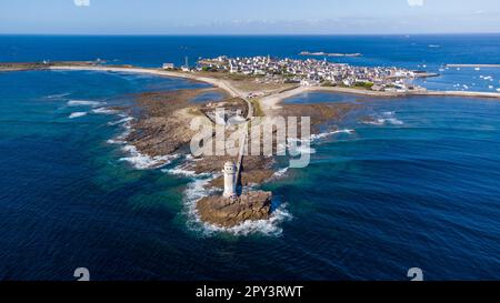 Old foghorn of Gueveur on the remote island of Île de Sein off the coast of Brittany in France - Disused maritime navigational equipment on a small is Stock Photo