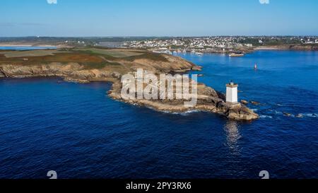 Aerial view of the lighthouse of Kermorvan west of Brest in Brittany, France - Square tower built at the end of a rocky cape facing the Atlantic Ocean Stock Photo