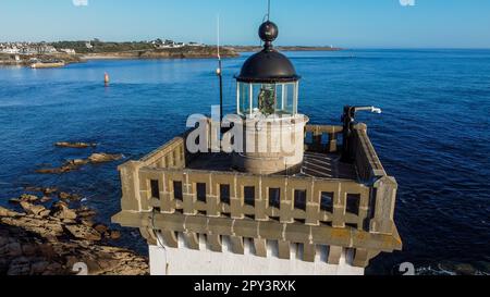 Aerial view of the lighthouse of Kermorvan west of Brest in Brittany, France - Square tower built at the end of a rocky cape facing the Atlantic Ocean Stock Photo