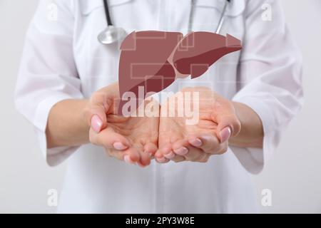 Doctor with stethoscope and illustration of healthy liver on light background, closeup Stock Photo