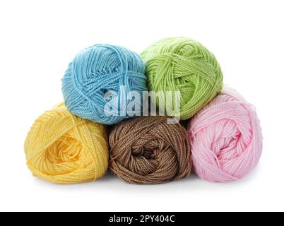 Soft colorful woolen yarns on white background Stock Photo