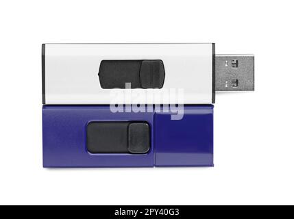 Modern usb flash drives on white background, top view Stock Photo