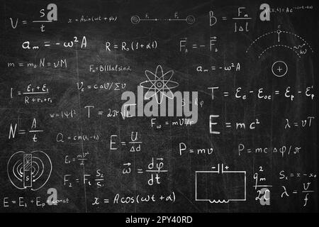 Many different physics formulas written on blackboard Stock Photo