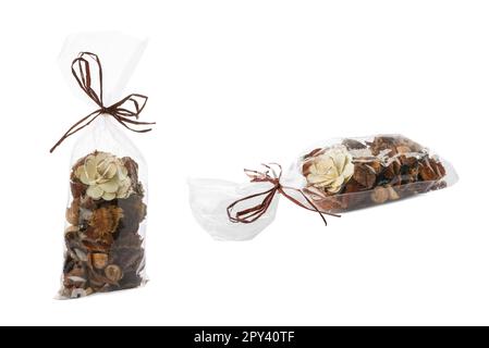 Scented sachets with potpourri on white background, collage Stock Photo