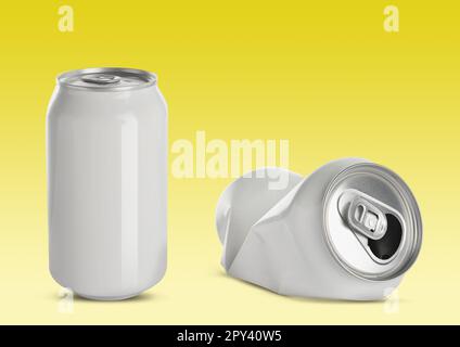 Whole and crumpled aluminum cans on color background Stock Photo