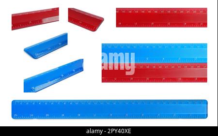 Set with different rulers with measuring length markings in centimeters on white background Stock Photo