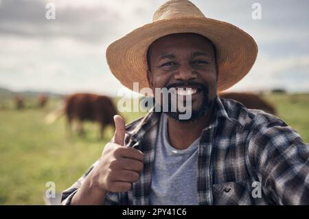 Doing it all, from dairy to beef and everything in between. a mature man giving a thumbs up and taking a selfie while working on a cow farm. Stock Photo