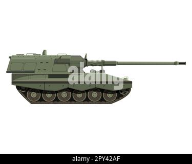 Self-propelled howitzer in flat style. German 155 mm Panzerhaubitze 2000. Military armored vehicle. Detailed colorful illustration isolated on white b Stock Photo