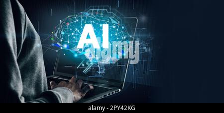 business man using laptop ai on computer AI technology digital graphic design black background, AI machine learning brain intelligent  science and art Stock Photo