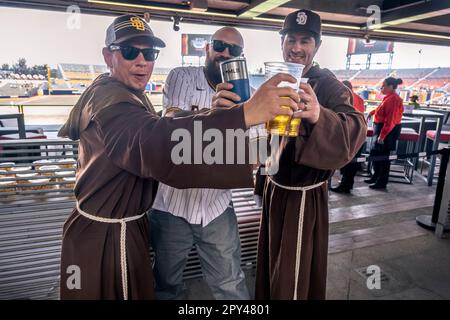 San Diego, USA. 29th Apr, 2023. San Diego Padres fans dress as the team mascot The Swinging Friar enjoy a pregame beer at the Estadio Alfredo Harp Helú baseball stadium in Mexico City before the San Diego Padres took on the San Francisco Giants in the first regular season Major League Baseball game to be played in the mega metropolis, April, 28, 2023. (Matthew Bowler/KPBS/Sipa USA) **NO SALES IN SAN DIEGO-SAN DIEGO OUT** Credit: Sipa USA/Alamy Live News Stock Photo