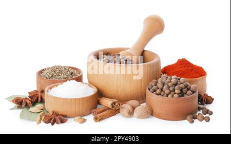 Mortar with pestle and different spices on white background Stock Photo