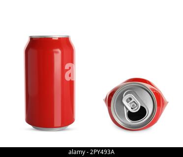 Whole and crumpled aluminum cans on white background Stock Photo