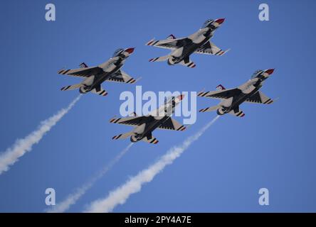 The Thunderbirds perform during the 2023 Thunder Over the Sound Air and Space Show at Biloxi, Mississippi, April 30, 2023. Thunder Over the Sound is a unique event where a military installation and its surrounding city jointly host an air show in two locations; Biloxi Beach and Keesler Air Force Base’s flightline. (U.S. Air Force photo by Kemberly Groue) Stock Photo