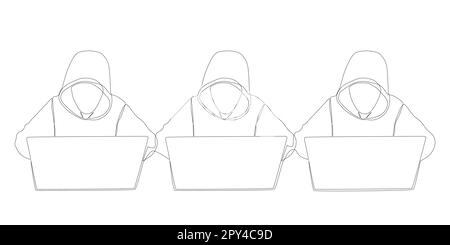 One continuous line of group of male people with laptop, workin as a developer or a Hacker. Thin Line Illustration vector concept. Contour Drawing Cre Stock Vector