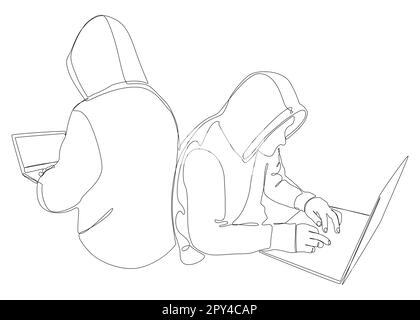 One continuous line of group of male people with laptop, workin as a developer or a Hacker. Thin Line Illustration vector concept. Contour Drawing Cre Stock Vector