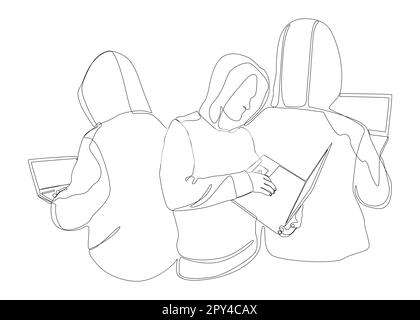 One continuous line of group of male people with laptop, workin as a developer or a Hacker. Thin Line Illustration vector concept. Contour Drawing Cre Stock Vector