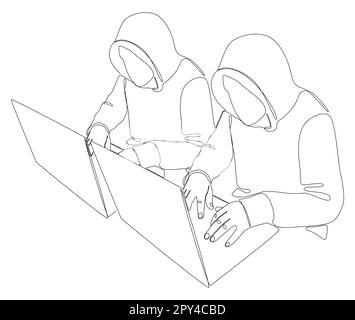 One continuous line of group of male people with laptop, workin as a developer or a Hacker. Thin Line Illustration vector concept. Contour Drawing Cre Stock Vector