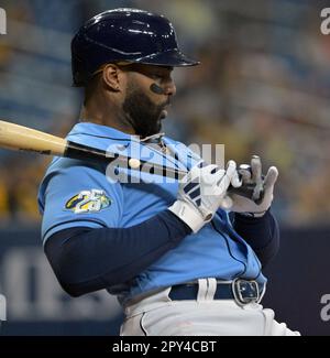 St Petersburg, United States. 02nd May, 2023. Tampa Bay Rays' Jose Siri  celebrates after stealing home during the fifth inning of a baseball game  against the Pittsburgh Pirates at Tropicana Field in