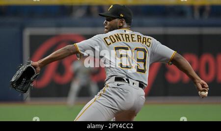 St Petersburg, United States. 02nd May, 2023. Tampa Bay Rays' Jose Siri  celebrates after stealing home during the fifth inning of a baseball game  against the Pittsburgh Pirates at Tropicana Field in