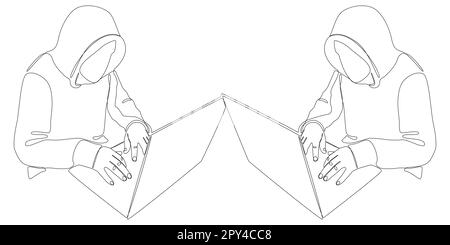 One continuous line of group of male people with laptop, workin as a developer or a Hacker. Thin Line Illustration vector concept. Contour Drawing Cre Stock Vector