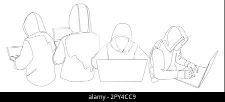 One continuous line of group of male people with laptop, workin as a developer or a Hacker. Thin Line Illustration vector concept. Contour Drawing Cre Stock Vector