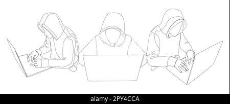 One continuous line of group of male people with laptop, workin as a developer or a Hacker. Thin Line Illustration vector concept. Contour Drawing Cre Stock Vector