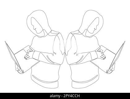 One continuous line of group of male people with laptop, workin as a developer or a Hacker. Thin Line Illustration vector concept. Contour Drawing Cre Stock Vector