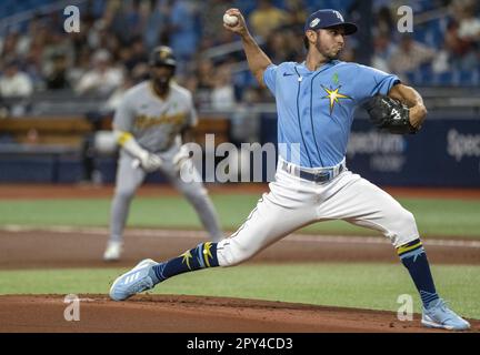 St Petersburg, United States. 02nd May, 2023. Tampa Bay Rays' Jose Siri  celebrates after stealing home during the fifth inning of a baseball game  against the Pittsburgh Pirates at Tropicana Field in