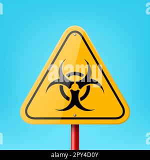 Vector Yellow Triangular Road Sign Frame with Biohazard, Radiation Sign, Icon, Nuclear Warning Symbol Icon Closeup on Blue Background. Road Pointer Stock Vector