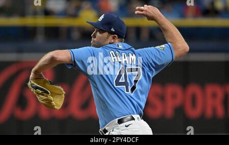 Tampa Bay Rays relief pitcher Jason Adam against the New York Yankees  during the ninth inning of a baseball game Friday, May 5, 2023, in St.  Petersburg, Fla. (AP Photo/Chris O'Meara Stock