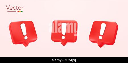 3d red danger attention bell, error marks, emergency notifications, alert on rescue warning icons isolated on background. Design concept for security urgency concept. 3d security vector illustration. Vector illustration Stock Vector